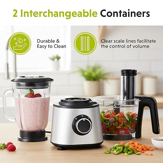 Simple Deluxe Food Processor Blender Combo, 300W Electric Food Processor for Slicing, Dough, Vegetables, 6 Cup Chopper for Meat and Puree, 2 Speeds Adjustable, Safety Lock with 1.5L Glass Jar, Black