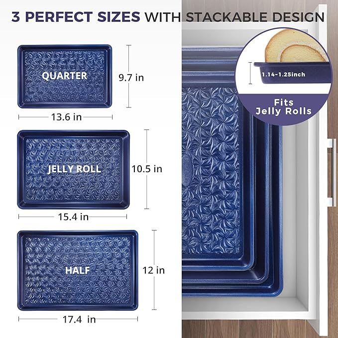 HONGBAKE Nonstick Baking Sheet Pan Set of 3, Cookie Sheets for Oven, Non-Toxic Half/Quarter/Jelly Roll Pans with Floral Swirl Texture, Heavy Duty 0.8mm Thick Oven Trays for Cooking, Blue