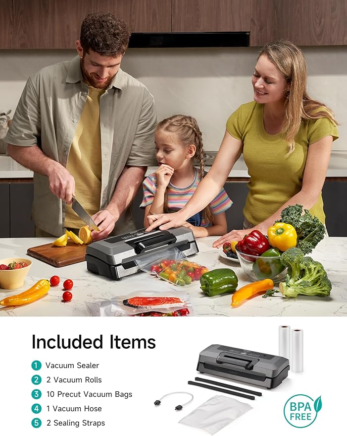HiCOZY Vacuum Sealer for Food, Powerful Heat Food Sealer, Dry Moist 7-1 Multiple Automatic Modes, Easy-Lock Handle, Compact Design with 10 Vacuum Bags & 2 Bag Rolls, Bag Cutter Included, Space Gray