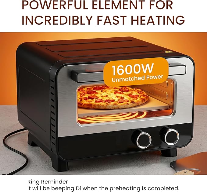 Simple Deluxe 1600W Indoor Electric Pizza Oven, 6 Cooking Modes for 12" Pizza, Fast Heating with Dual Independent Temp Control, Includes Pizza Stone & Spatula, Silver