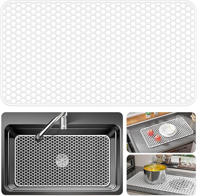 Bestjing Silicone Sink Protectors for Kitchen Sink - 26"x 14" Kitchen Protector Accessory, Non-Slip Heat Resistan Mat for Bottom of Farmhouse Stainless Steel Porcelain, Dishwasher Safe (White)