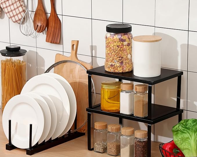 Marsui 4 Pcs Kitchen Organizer Accessories Set Cabinet Organizer Shelf and Bamboo Dish Drying Plate Rack Counter Shelves Storage Holder for Spice Rack, Dish, Pot Lid, Bowl, Cup (Black)