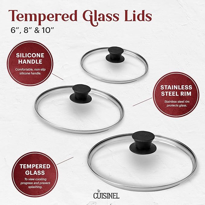 Cuisinel Cast Iron Skillet Set - 6"+8"+10"-Inch + Glass Lids + Silicone Handle Holder Covers - Pre-Seasoned Frying Pan - Oven Safe Cookware - Indoor/Outdoor, Grill, BBQ, Fire, Stovetop, Induction Safe