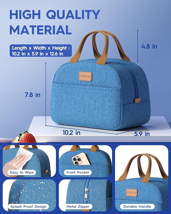 KEMETHY Adults Bento Lunch Box Set with Thermo Bag, 74oz Stackable Leak-proof 3-tiers Bento Box, Built-in Utensil and Sauce Container for Work, School, Dining Out (Blue)