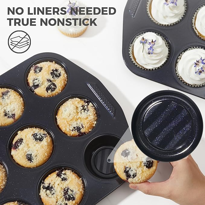 HONGBAKE 9-Piece Non Stick Bakeware Sets with Wave Texture for Reduced Grease, 0.8mm Thick Non Toxic Baking Pans Set, Includes Stackable Cookie Sheets for Oven Cooking, Shimmer Blue