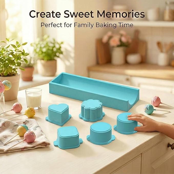 5 PCS Cake Pop Mold Set with 7.87-inch Tray, Heart Square Cloud Oval Round 3D Printed Cake Pop Cutter and Pusher, Baking Molds for Home Baking, Birthday Parties, Wedding Desserts