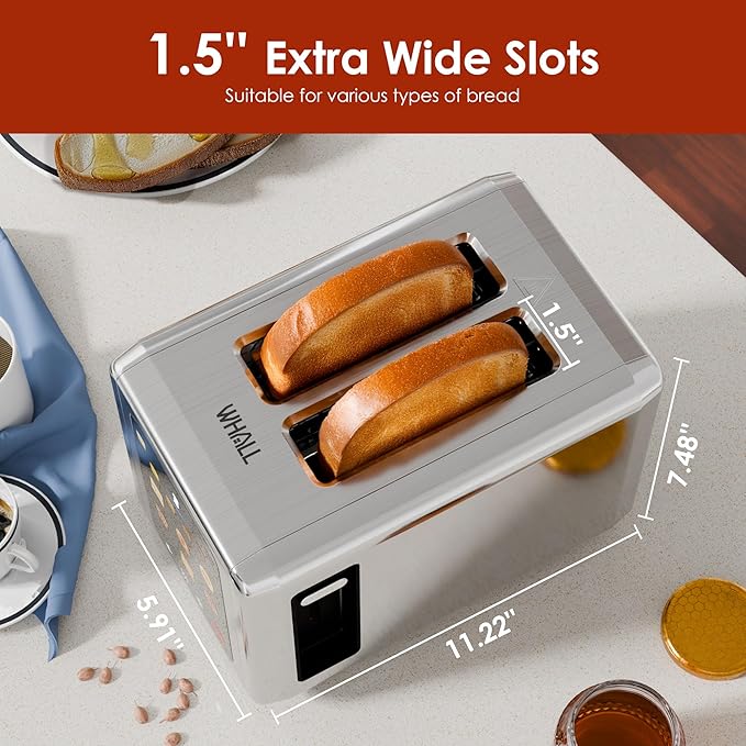 WHALL Touch Screen Toaster 2 Slice, 1.5'' Extra Wide Slot Smart Toaster with Digital Timer, 6 Bread Types & 6 Shade Settings, Crumb Tray, Reheat/Defrost, Stainless Steel Bread Toasters, Silver