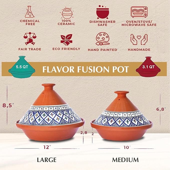 Kamsah Tagine Pot for Cooking and Flavor Enrichment - Medium Clay Pot 10”, 3.1 QT - Non-Stick Handmade Cookware - Moroccan Ceramic Pots for Cooking with Lid & Serving Bowl - Bohemian Classic Blue