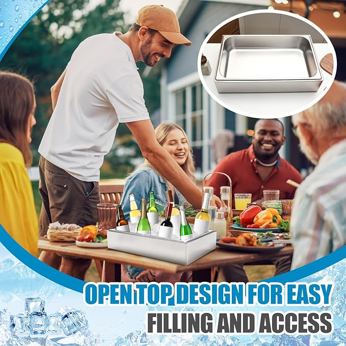Ice Housing Bin with Removable Tray Ice Holder Container Wine Beer Champagne Drink Bucket Beverage Tub for Freezer Display Buffet Bar Counter Party Drink Chiller(Stainless Steel,21" X 13" X 5.5")