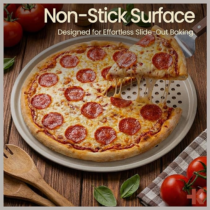 Bakken Pizza Baking Pan - Round Perforated Carbon Steel Pan with Non-Stick Marble Coating, Oversized Silicone Handle, Dishwasher Safe, High-Temperature Resistant, Durable & Easy Cleanup White, 2 Pack