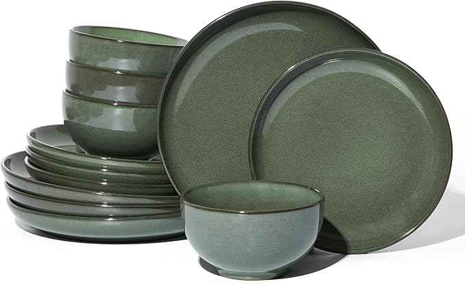 Stoneware Dinnerware Sets, Ceramic Plates and Bowls Set, Microwave & Dishwasher Safe Kitchen Dishes, Modern Dinner Salad Plates | Cereal Bowls, Dishware Sets Service for 4 Forest Green