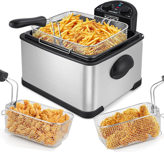 Secura 4 Liters / 17-Cup Stainless-Steel 1700-Watt Electric Deep Fryer with Timer Free Extra Odor Filter, Triple Basket, 4.5 Quarts, Silver