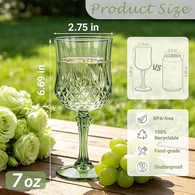 Plastic Wine Glasses, Plastic Goblets Vintage Style Cordial Unbreakable Drinking Glasses, Reusable Drinkware for Wedding Reception, Grand Event Party Supplies (100, New Green)