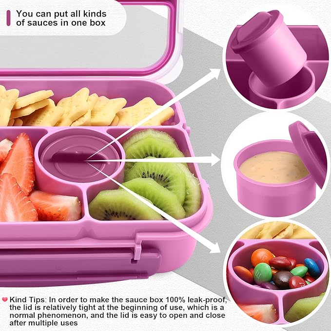 Amathley Bento Box Adult Lunch Box Kids,Lunch Containers for Adults/Kids/Toddler,5 Compartments Bento Lunch Box with Sauce Vontainers,Microwave & Dishwasher & Freezer Safe,BPA-Free (Purple)