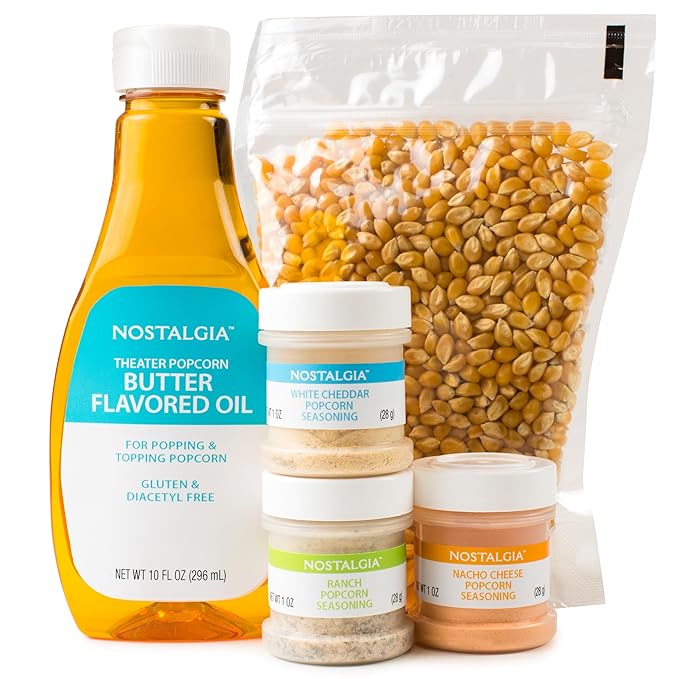 Nostalgia Theater Popcorn Machine Kit - Popcorn Kit With 1 Lb. Kernels & 12.5 Oz Butter Oil for Home Snacks - All-In-One Popcorn Kit with Ranch, White Cheddar & Nacho 3 Oz Seasonings for Easy Popping