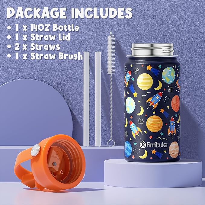 Fimibuke Kids Insulated Water Bottle, 14oz BPA FREE 18/8 Stainless Steel Travel Tumbler Double Wall Vacuum Leak Proof Kids Cup with Straw Metal Water Bottle for School Boys Girls(1 Pack, Space)