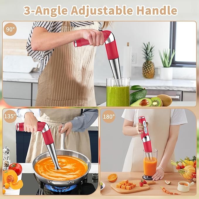 Toogel Cordless Immersion Blender, Electric Hand Blender with 21-Speed & 3-Angle Adjust, USB Rechargeable, BPA-Free & Dishwasher Safe for Baby Food, Smoothies, Soup (Red)