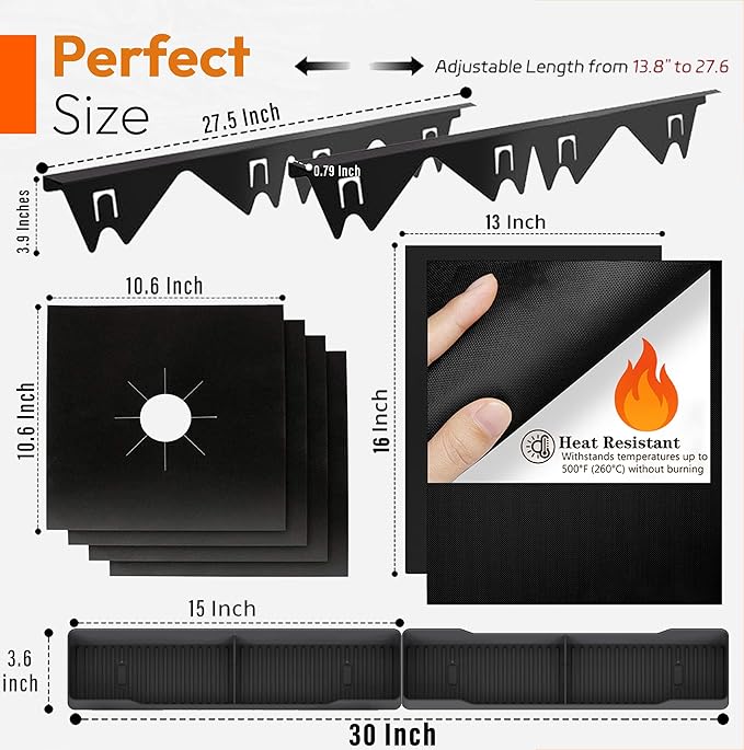Stove Gap Covers Stainless Steel 2PC(0.08"–0.7"W,13.8"–27.5"L)+4PC Gas Burner Covers+2PC Oven Liners+30"(2x15") Silicone Magnetic Stove Shelf|Universal Gas Stove Accessory Bundle Bonus 3 Brushes
