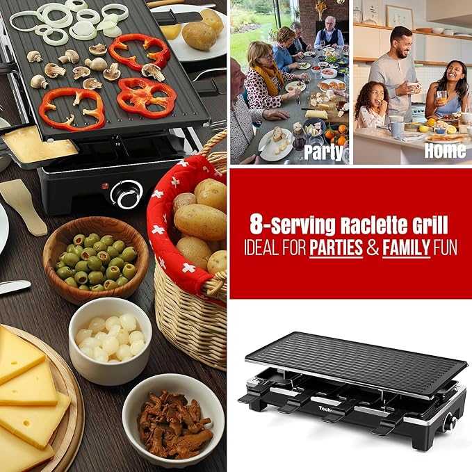 Raclette Grill, Techwood Electric Table Indoor Grill Korean BBQ Grill, Removable 2-in-1 Non-Stick Grill Plate, 1500W Fast Heating with 8 Cheese Melt Pans, Ideal for Parties and Family Fun