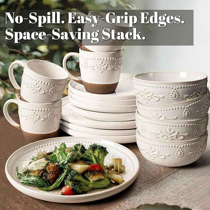 Artena Plates And Bowls Sets, 16 Pieces Dinnerware Sets, Dish Set For 4, Ceramic Kitchen Bowl And Plate Set, Embossed White Dishware Sets, Dishwasher & Microwave Safe (Damask Floral) (With Mugs)