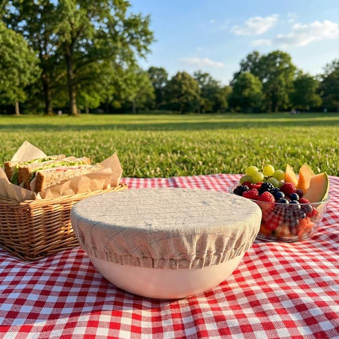 100% Pure Linen Bowl Covers For Bread Proofing, 2 Pcs 10 Inches Elastic Reusable Bowl Covers Large Ticking Striped Cloth Fabric Stretch Sourdough Lids