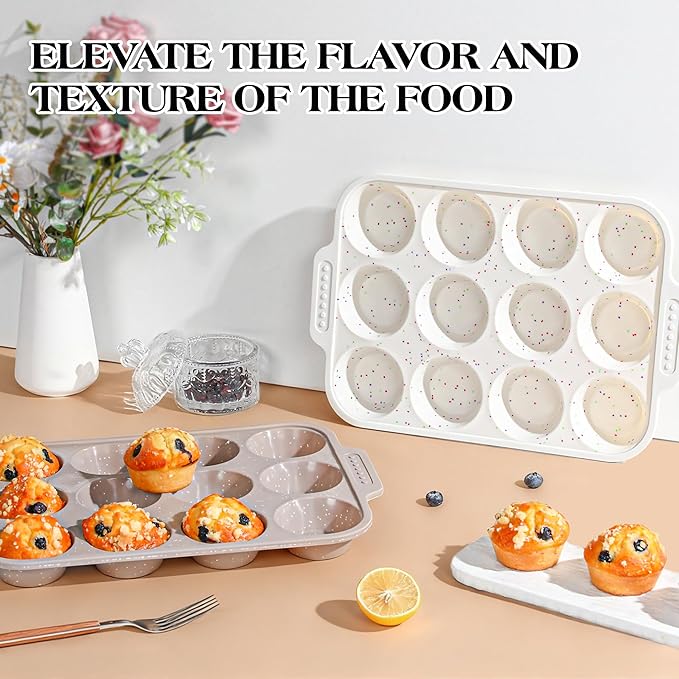 2 Pcs Silicone Muffin Pans for Baking with Metal Reinforced Frame, Nonstick Cupcake Tray for Oven, 12 Cups Regular Size Silicone Molds for Egg Bites, Dishwasher Safe (Brown, Cream)