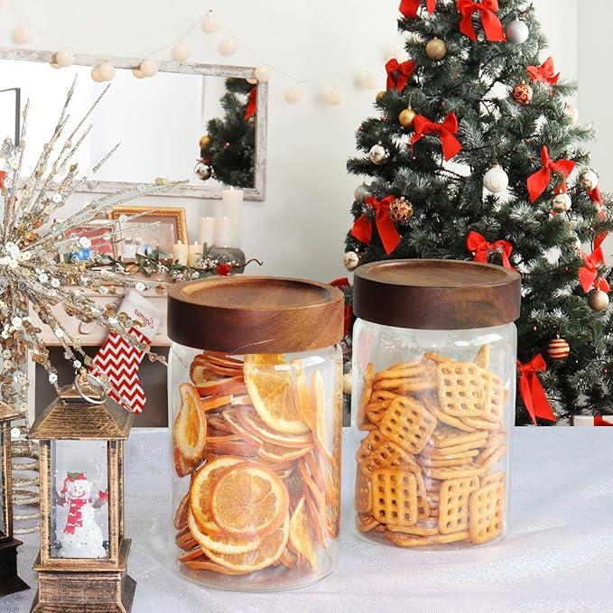 30oz Glass Coffee Jars with Airtight Wood Screw Lid Herb Spice Jar Round Storage Canister with Wooden Lid Clear Glass Food Jar for Pantry Sugar Tea Coffee Bean Spice Nuts Cookies Bath Salts