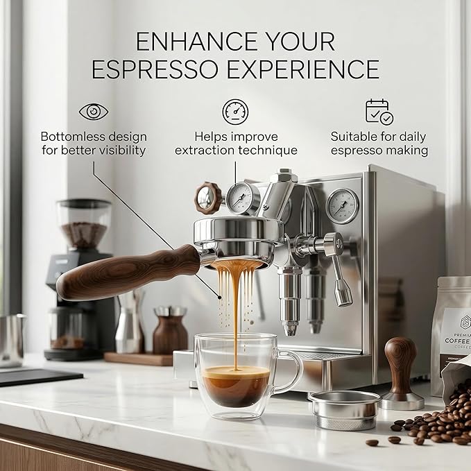 54mm Bottomless Portafilter for Breville Barista Express/Pro/Touch/Bambino18-21g Precision Basket, Stainless Steel 304 Filter Basket, Naked Portafilter for Espresso Extraction(Rosewood)
