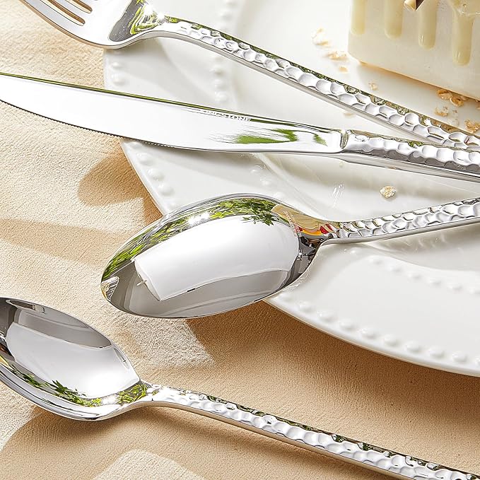 KINGSTONE 60 Piece Hammered Silverware Set, 18/10 Stainless Steel Flatware Set for 12, Cutlery Set for Home, Party, Wedding, Mirror Polished Dishwasher Safe
