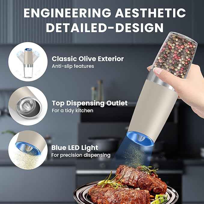 Gravity Electric Salt and Pepper Grinder set of 2, Automatic Salt And Pepper Grinder Set, Adjustable Roughness, Battery Powered, LED Light, 2 Pack, (Khaki)