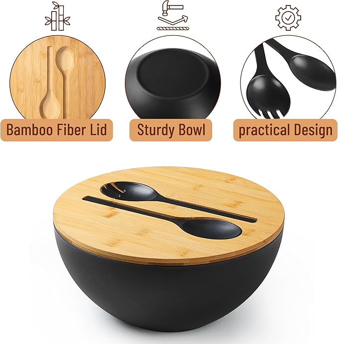 BAMBOO LAND- Extra Large Salad Bowl with Wooden Lid, 11.6 Inch, Black Bamboo Fiber Salad Bowl with Serving Utensils