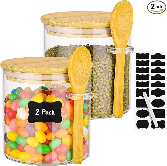 Glass Jars with Bamboo Lids - 2 Pack 20 Fl.oz Round Glass Jar with Airtight Lid and Spoon, Kitchen Pantry Storage Canister for Overnight Oats, Spice, Coffee, Brown Sugar, Loose Tea, Candy