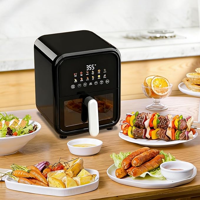 Hexago 12-in-1 Air Fryer, 7.5 QT Air Fryer with Clear Window and Nonstick and Dishwasher-Safe Basket, Square Digital Preset & DIY Function Airfryer, Black