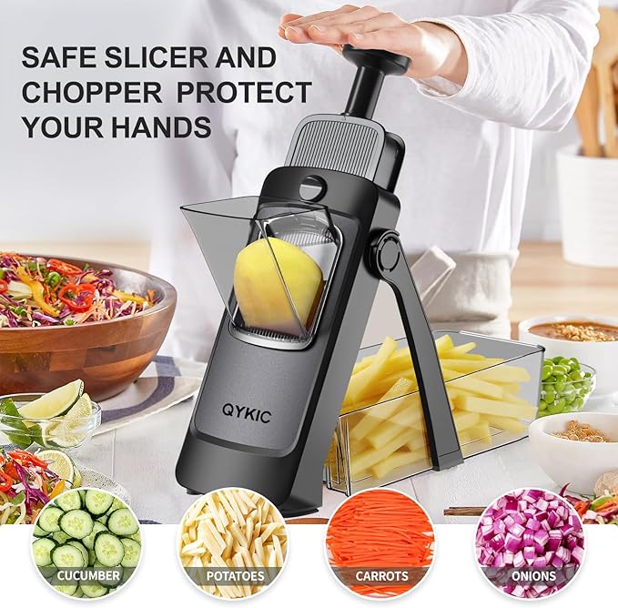 QYKIC 2026 Upgrade Safe Mandoline Slicer,Vegetable Chopper,Potato Slicer, Onion Chopper with Drain Basket Storage Container, Cheese Grater Kitchen Chopping Artifact (Black)