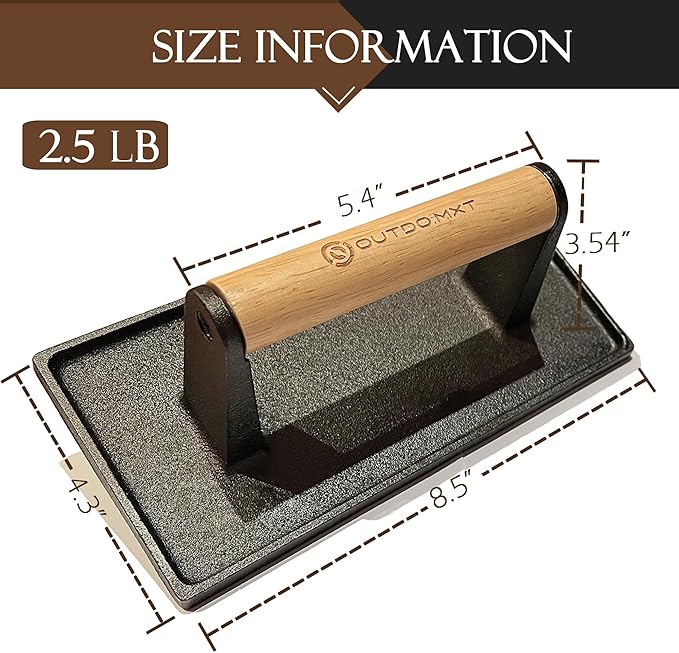 Burger Press Smash Burger Press for Blackstone Griddle Heavy Duty Cast Iron 8.5"X4.3" Rectangular Grill Press Bacon Press with Wood Handle and Silicone Protective Cover