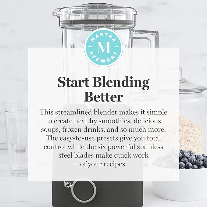 Martha Stewart 50oz Countertop Blender, Smoothie, Margarita & Ice Crushing Blender, BPA-Free Pitcher, 3 Speeds, 5 Presets, Auto-Clean Function, Dishwasher Safe, Stainless Steel Blades, Caviar Gray
