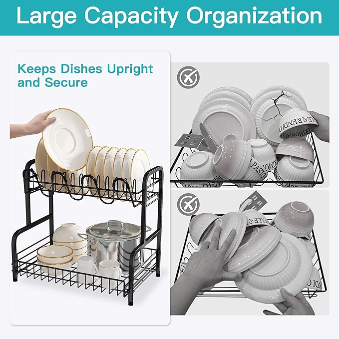 romision 2 Tier Compact Stainless Steel Dish Drainers Drying Rack for Kitchen Counter, Space Saving, Rust Proof Plate Strainers Holder On Countertop with Drainboard, Modern Black, Small
