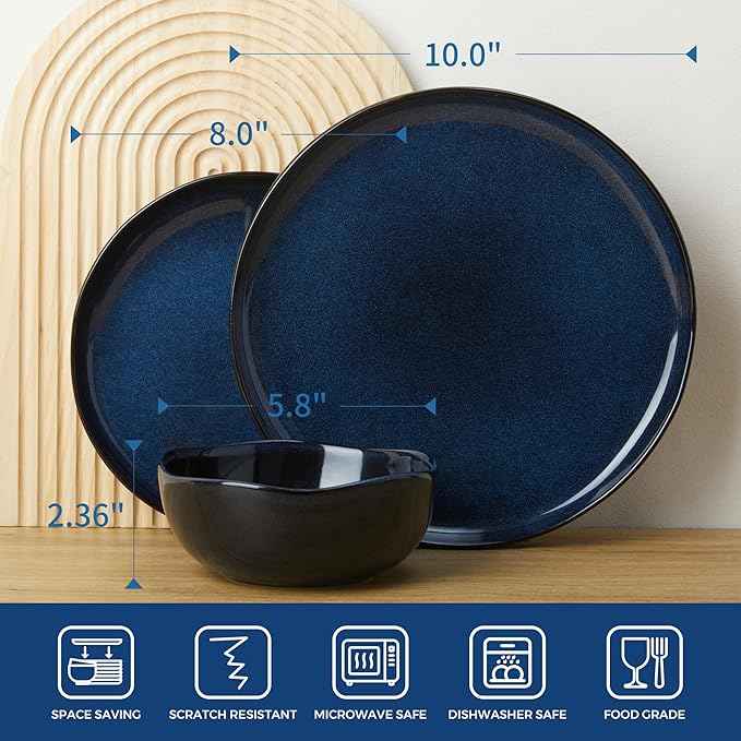 Ceramic Dinnerware Sets, Microwave Safe Plates and Bowls Sets, Kitchen Dishes Set for 4, Unbreakable & Dishwasher Safe Tableware, Everyday Use, Starry Blue