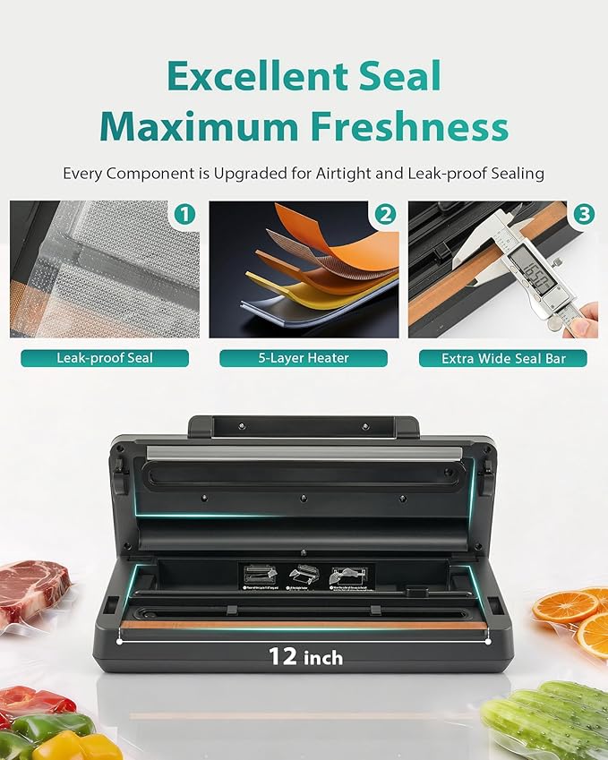 Dual Pump Vacuum Sealer for Food Storage & Sous Vide, Handle Lock, Double Heat Seal 5mm Wide, Built-in Cutter & Bag Roll Storage, External Vacuum Port, Dry/Moist Modes, Starter Kit Included