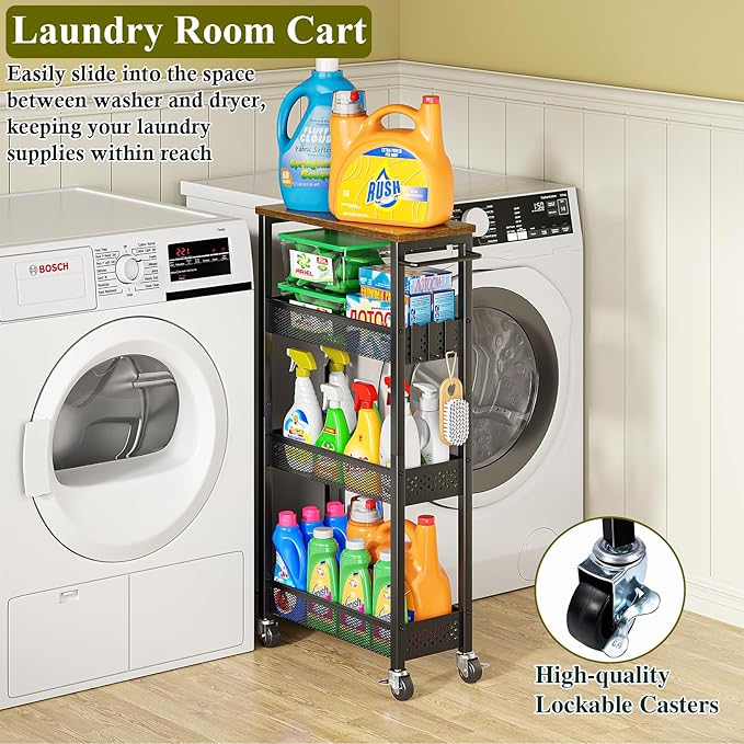 OKZEST Utility Slim Storage Cart, 4 Tier Small Rolling Kitchen Laundry Room Cart with Wood Top, Metal Narrow Bathroom Storage Cabinet Mobile Shelf Unit Organizer Trolley with Handle for Narrow Space