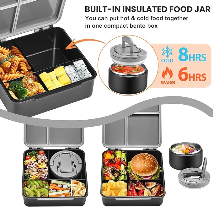 Bento Lunch Box for Kids with 8oz Soup Thermo,Kids Leakproof Lunch Food Containers with 4 Compartment,Kid Insulated Thermo Hot Food Jar for School,Trvael-Black