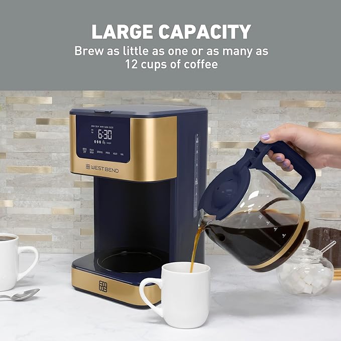 West Bend Timeless 12-Cup Programmable Coffee Maker with Brew Strength Selector for Hot and Iced Coffee, Includes 1-4 Cup Brew Option and Permanent Filter
