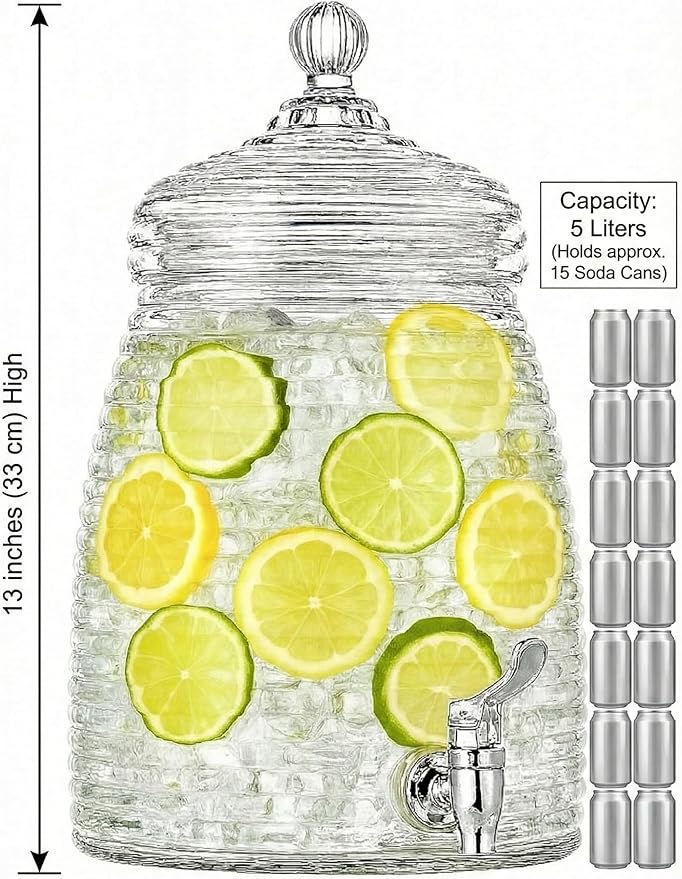 1.3 Gallon Glass Beehive Beverage Dispenser with Spigot- Drink Dispenser for Parties, Weddings and Showers- Mason Jar Style Glass Drink Container with Lid for Tea, Lemonade, and Infused Water