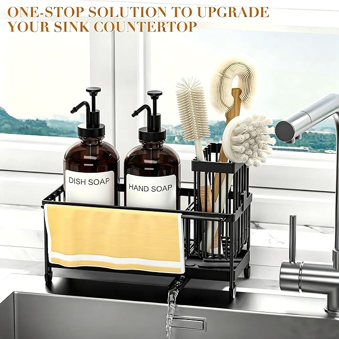 Kitchen Soap Dispenser Set with Sponge Holder and Towel Rack, 17OZ Glass Bottle, Hand and Dish Soap Dispenser Set, Non-Slip Silicone Pad, Brush Holder, Kitchen Sink Caddy Organizer Countertop (Amber)