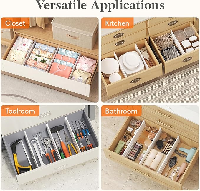 Lifewit 6" Tall 12 Pack Drawer Dividers, 30-47cm/11.5-18.5" Expandable Drawer Divider for Clothes, Adjustable Dresser Drawer Organizers, Drawers Separators for Dresser/Bathroom/Closet/Kitchen White