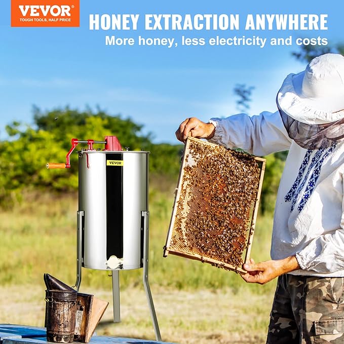 VEVOR 3 Frame Honey Extractor, Stainless Steel Manual Beekeeping Extraction, Honeycomb Drum Spinner with Transparent Lid, Apiary Centrifuge Equipment with Height Adjustable Stand