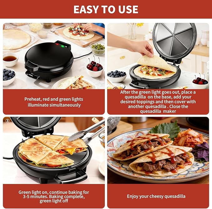 Electric Quesadilla Maker, 9.5'' Quesadilla Press with Easy Slice 6 Wedge, Non Stick Surface, Locking Latch For Extra Stuffing, Grilled Cheese Corn Flour Tortilla Snacks
