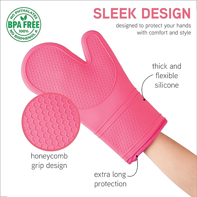 COOK WITH COLOR Silicone Oven Mitts- Heat Resistant Gloves with Soft Quilted Lining Oven Mitt Pot Holders for Cooking and BBQ, Pink, Mitt Set