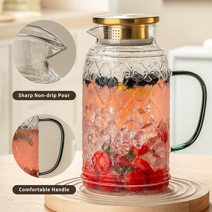 Buaic Glass Pitcher with Lid, 2 PACK 84 oz/2.5L Liter Vintage Water Pitcher, Clear Borosilicate Glass Water Carafe for Cold Brew, Coffee, Lemonade, Iced Tea,Beverage, Heat Resistant