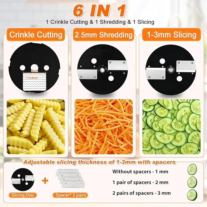 Anatole 6-In-1 Electric Commercial Food Processor Multifunctional Vegetable Chopper Dicer Slicer Shredder Crinkle Cutter Automatic Discharge 2 Food Inlets With Container for Potato Onion 100W 110V